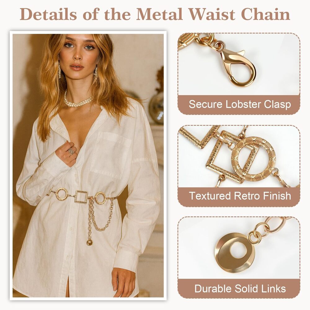1741 Gold Chain Belts For Women, Adjustable Western Concho Waist Chain, - Picture 3 of 7